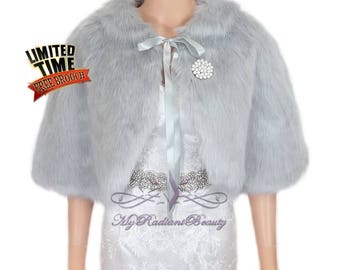 Faux Fur Mink Cape, Bridal Shawl, Silver Cape, Grey Cape, Faux Fur Shawl, Wedding Shrug, Faux Fur Stole, Fur Wrap, Bridal Cape FC108-SILVER