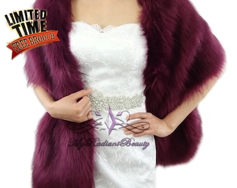Faux Fur Wrap, Plum Faux Fur Stole, Faux Fur Shrug, Bridal Fur Cape, Faux Fur Shawl, Wedding Fur Stole, Bridal Fur Wrap, Fox Fur LW108-PLUM