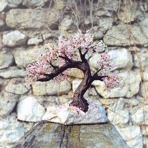 Beaded artificial tree tiny bonsai, spring japanese bonsai, feng shui tree, wire sculpture, miniature tree, blue bonsai on the rock image 3