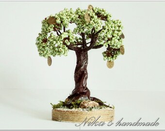 Beaded artificial green Feng shui Tree with coins, office decor money tree, beaded zen bonsai, indoor plant decor - zen room decor