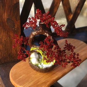 Granaatkraal bonsaiboom "handgemaakte keramiekpot" met draad omwikkelde boomsculptuur" kleine kralenboom "uniek zen-decorcadeau" miniatuur kralenbonsai"