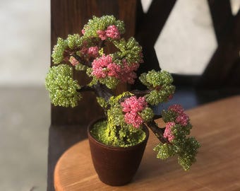 Handcrafted Miniature Beaded Bonsai"Cascading Miniature Tree"Spring Bloom Decor"Gift for Mom"Unique Home Decor"Artisan Gift"Wire Sculpture