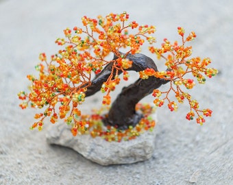 Beaded artificial tree tiny bonsai, 3" tree statue, autumn japanese bonsai, feng shui tree, wire sculpture, miniature tree, zen bonsai
