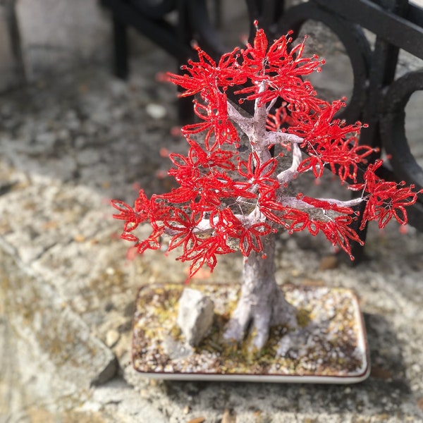 Artificial Japanese red maple - wire wrapped bonsai - miniature autumn tree - beaded sculpture - acer palmatum - autumn bonsai