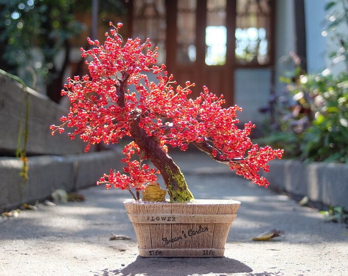 Beaded Artificial Autumn Red Bonsai Tree Miniature Tree Wire Wrapped