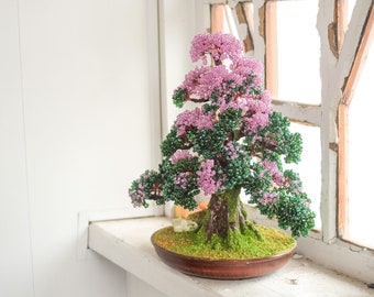 READY TO SHIP Wire Beaded Artificial Azalea bonsai (14") - Rhododendron Tree - miniature tree - beaded sculpture - copper tree of life