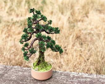 Beaded artificial pine tree bonsai on papier mache base - wire wrapped miniature tree - beaded sculpture - copper tree of life