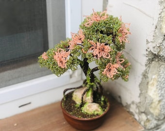 READY TO SHIP Beaded Artificial Azalea bonsai (10") - Rhododendron Tree - miniature tree - beaded sculpture - Mother's Day gift idea