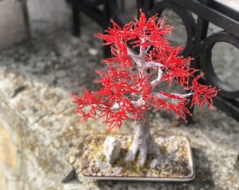 Artificial Japanese red maple - wire wrapped bonsai - miniature autumn tree - beaded sculpture - acer palmatum - autumn bonsai