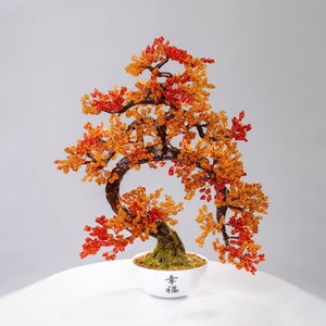 Beaded artificial tree red bonsai [Size L], autumn Japanese bonsai, feng shui tree, wire sculpture, woody plant