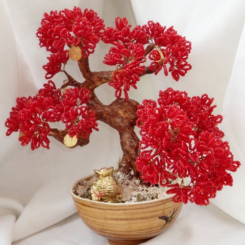 Wire Beaded Red Artificial Feng Shui Tree Bonsai autumn | Etsy