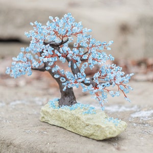 Beaded artificial tree tiny bonsai, spring japanese bonsai, feng shui tree, wire sculpture, miniature tree, blue bonsai on the rock Winter