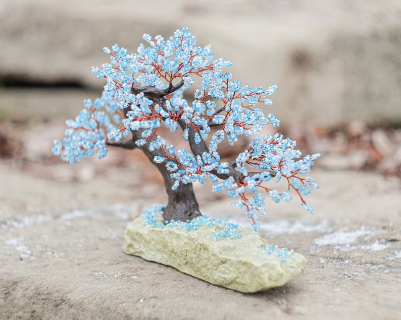 Beaded artificial tree tiny bonsai, spring japanese bonsai, feng shui tree, wire sculpture, miniature tree, blue bonsai on the rock Winter