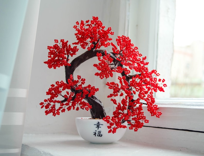 Beaded artificial tree red bonsai autumn japanese bonsai Etsy