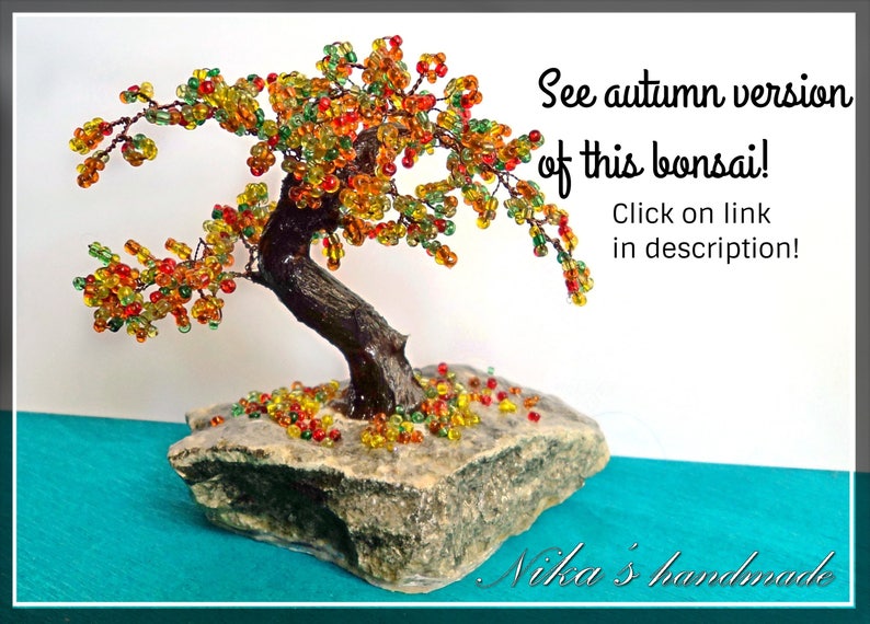 Árbol artificial con cuentas pequeño bonsái, bonsái japonés de primavera, árbol feng shui, escultura de alambre, árbol en miniatura, bonsái azul en la roca Autumn