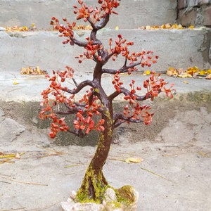 Beaded bent artificial tree with natural stones - tiny bonsai - autumn bonsai - wire sculpture - miniature tree - ready to ship