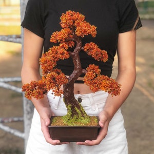 Beaded artificial wire wrapped bonsai on in Japanese bonsai pot - miniature autumn tree - beaded sculpture - copper tree of life