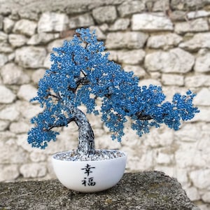 Beaded artificial tree red bonsai Size S, autumn japanese bonsai, feng shui tree, wire sculpture, woody plant, office gift, plant decor Blue