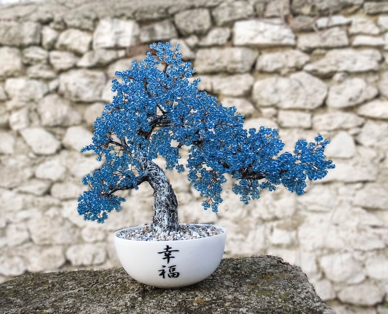 Beaded artificial tree red bonsai Size S, autumn japanese bonsai, feng shui tree, wire sculpture, woody plant, office gift, plant decor Blue
