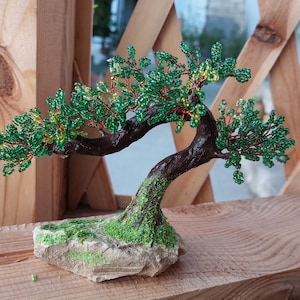 Beaded artificial tree tiny bonsai, spring japanese bonsai, feng shui tree, wire sculpture, miniature tree, blue bonsai on the rock image 8