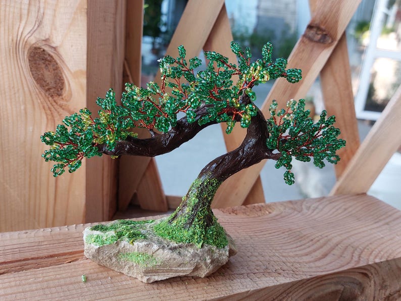 Beaded artificial tree tiny bonsai, spring japanese bonsai, feng shui tree, wire sculpture, miniature tree, blue bonsai on the rock image 8