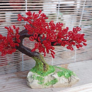 Beaded artificial tree tiny bonsai, spring japanese bonsai, feng shui tree, wire sculpture, miniature tree, blue bonsai on the rock image 9