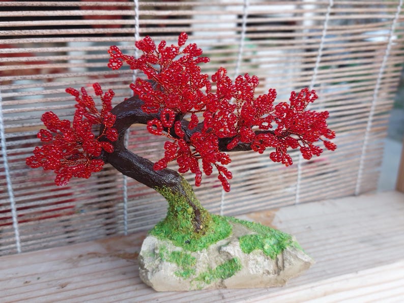 Beaded artificial tree tiny bonsai, spring japanese bonsai, feng shui tree, wire sculpture, miniature tree, blue bonsai on the rock image 9