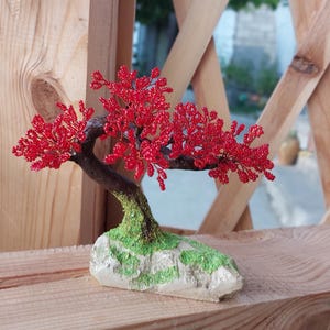 Beaded artificial tree tiny bonsai, spring japanese bonsai, feng shui tree, wire sculpture, miniature tree, blue bonsai on the rock image 4