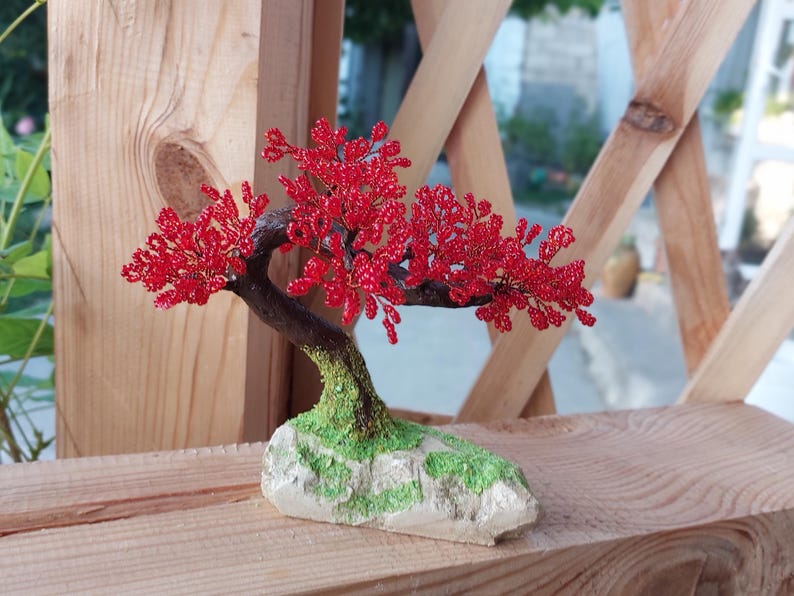 Beaded artificial tree tiny bonsai, spring japanese bonsai, feng shui tree, wire sculpture, miniature tree, blue bonsai on the rock image 4