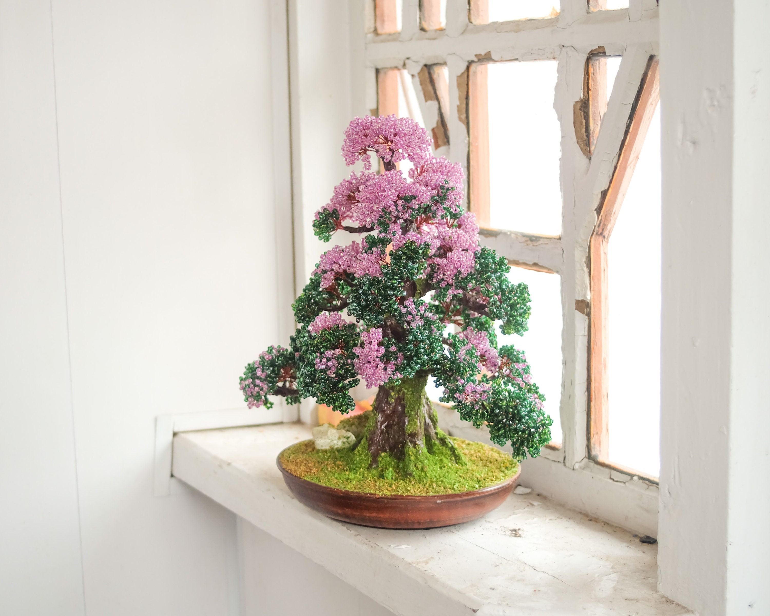READY TO SHIP Wire Beaded Artificial Azalea bonsai (14") - Rhododendron Tree - miniature tree - beaded sculpture - copper tree of life