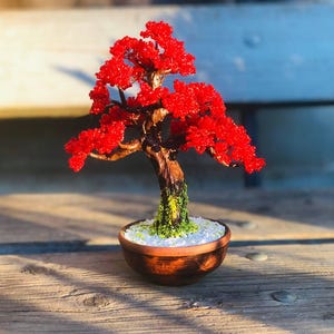 READY TO SHIP Tiny Artificial bonsai (8&quot;) - beaded bonsai tree - miniature tree - beaded sculpture - copper tree of life