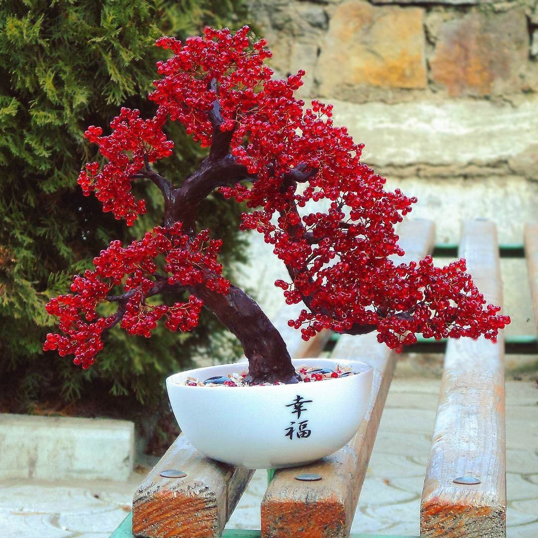 Beaded artificial tree red bonsai autumn japanese bonsai Etsy