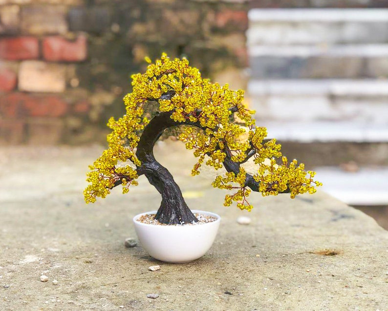 Beaded artificial tree red bonsai Size S, autumn japanese bonsai, feng shui tree, wire sculpture, woody plant, office gift, plant decor Yellow