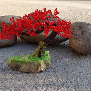 Beaded artificial tree tiny bonsai, spring japanese bonsai, feng shui tree, wire sculpture, miniature tree, blue bonsai on the rock image 6