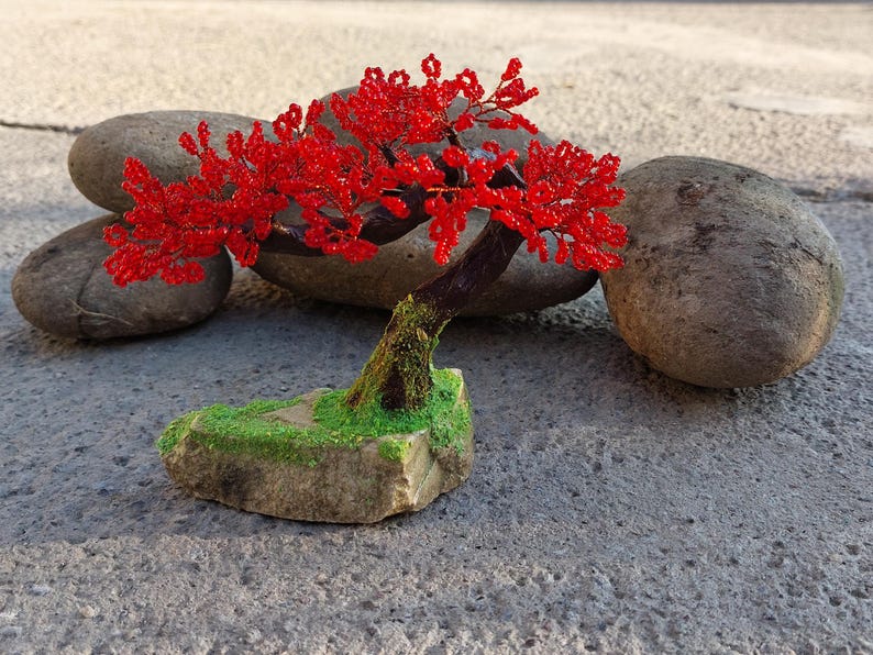 Beaded artificial tree tiny bonsai, spring japanese bonsai, feng shui tree, wire sculpture, miniature tree, blue bonsai on the rock image 6
