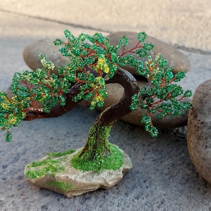 Beaded artificial tree tiny bonsai, spring japanese bonsai, feng shui tree, wire sculpture, miniature tree, blue bonsai on the rock