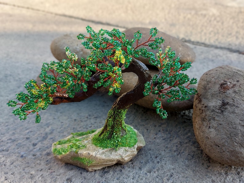 Beaded artificial tree tiny bonsai, spring japanese bonsai, feng shui tree, wire sculpture, miniature tree, blue bonsai on the rock image 2