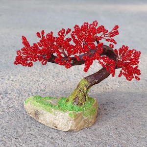 Beaded artificial tree tiny bonsai, spring japanese bonsai, feng shui tree, wire sculpture, miniature tree, blue bonsai on the rock image 7