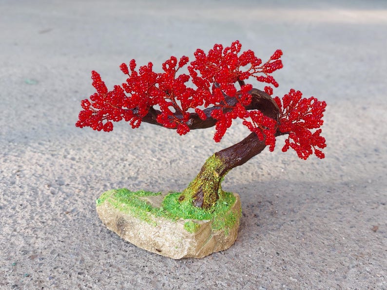 Beaded artificial tree tiny bonsai, spring japanese bonsai, feng shui tree, wire sculpture, miniature tree, blue bonsai on the rock image 7