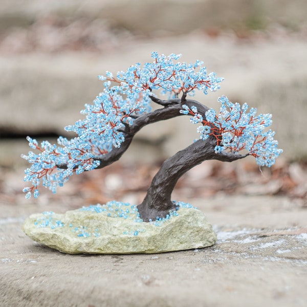 Beaded artificial tree tiny bonsai, spring japanese bonsai, feng shui tree, wire sculpture, miniature tree, blue bonsai on the rock