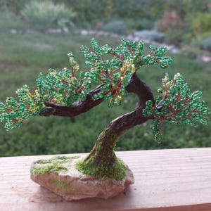 Beaded artificial tree tiny bonsai, spring japanese bonsai, feng shui tree, wire sculpture, miniature tree, blue bonsai on the rock image 10