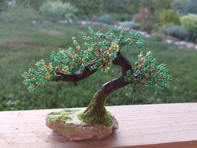 Beaded artificial tree tiny bonsai, spring japanese bonsai, feng shui tree, wire sculpture, miniature tree, blue bonsai on the rock image 10