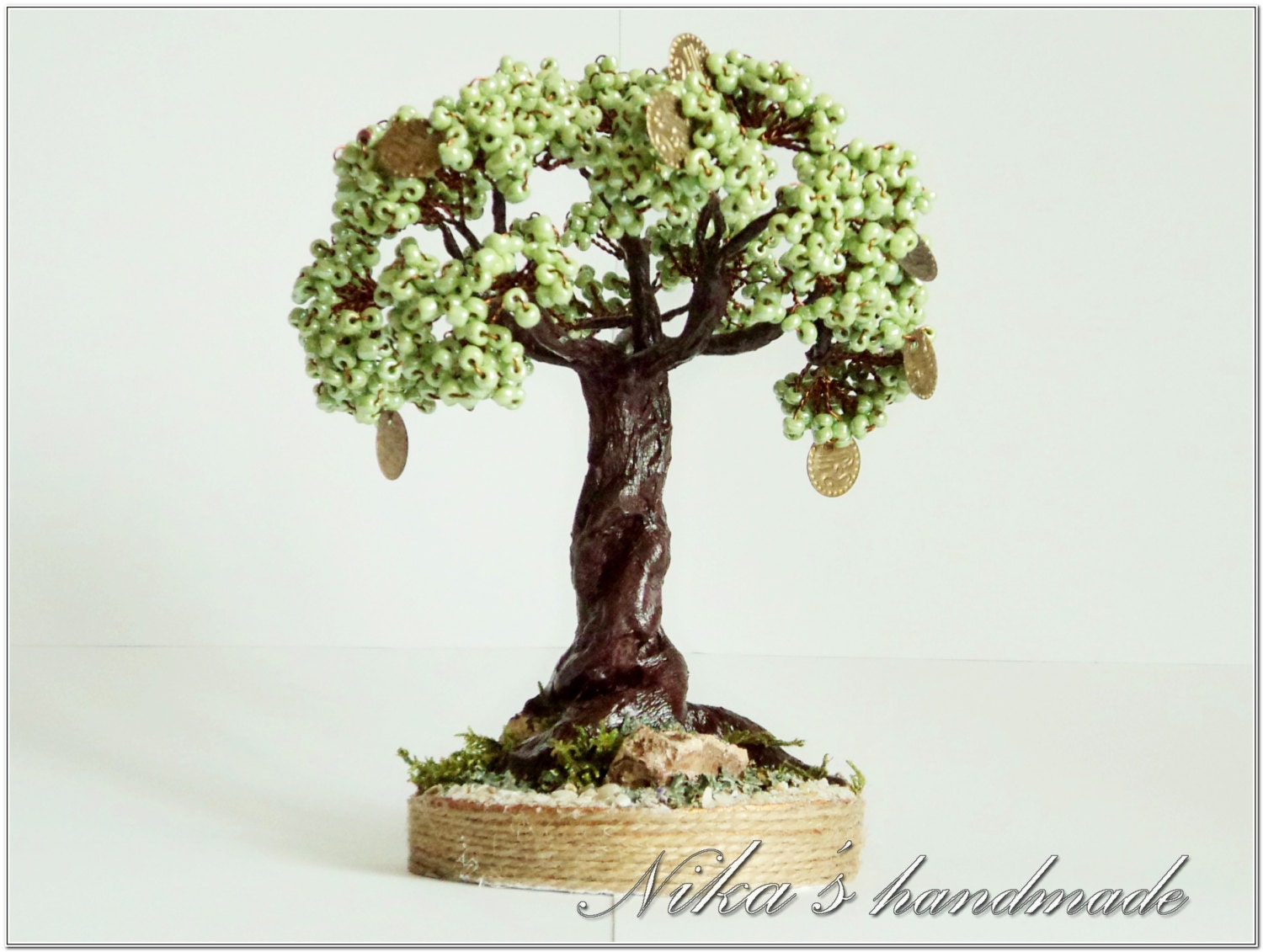Beaded Artificial Green Feng Shui Tree With Coins, Office Decor Money Tree, Beaded Zen Bonsai, Indoor Plant - Room
