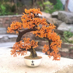Beaded artificial tree red bonsai Size S, autumn japanese bonsai, feng shui tree, wire sculpture, woody plant, office gift, plant decor Orange