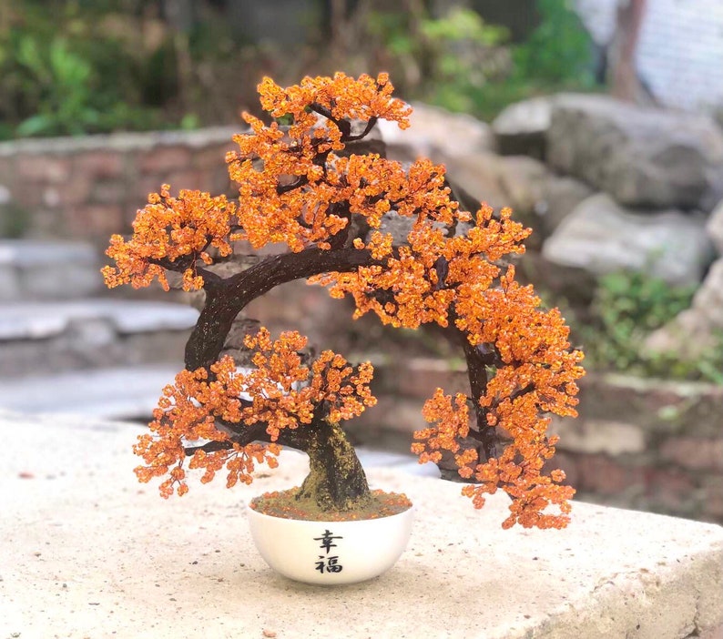 Beaded artificial tree red bonsai Size S, autumn japanese bonsai, feng shui tree, wire sculpture, woody plant, office gift, plant decor Orange