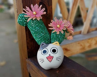 Beaded Cactus in Cat Planter | Maintenance-Free Succulent Decor | Handmade Cat Lover Gift | Unique Office Desk Art