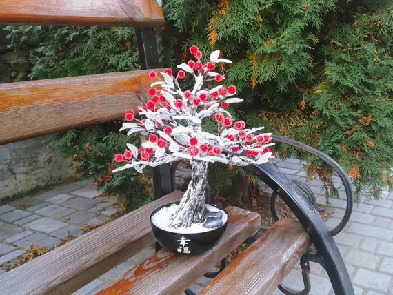 Kunstdraht gewickelt Winter Bonsai - verschneiter Baum mit roten Beeren -  Perlen Zen Skulptur - gebogene Baum Statue fr Zen Garten - Etsy Schweiz