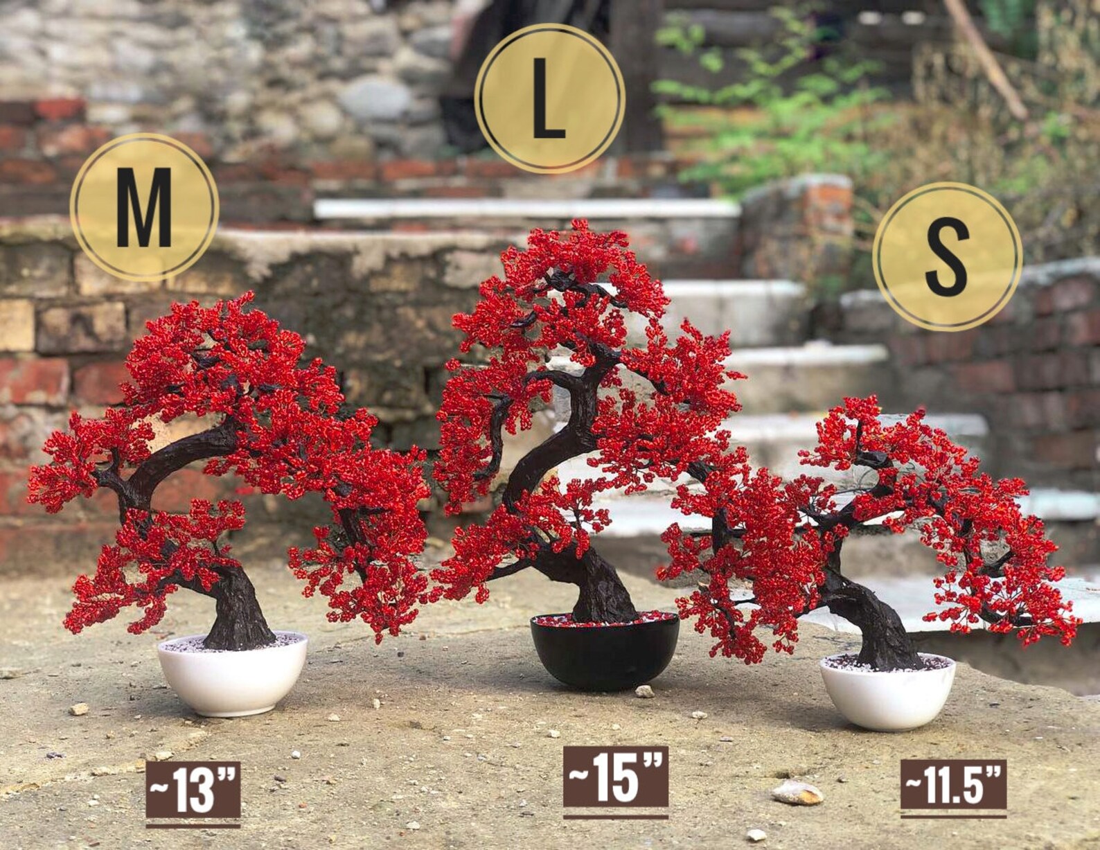 Beaded Artificial Tree Red Bonsai size L, Autumn Japanese Bonsai, Feng