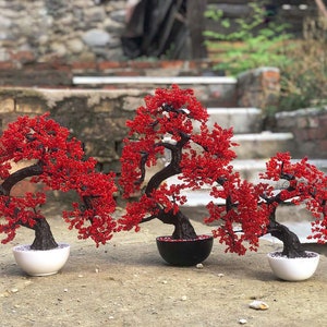 Beaded artificial tree red bonsai Size S, autumn japanese bonsai, feng shui tree, wire sculpture, woody plant, office gift, plant decor image 3