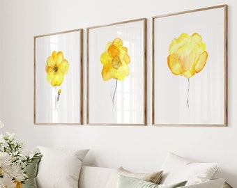 Watercolor paintnig yellow flowers print, watercolor flowers, flower art, floral art, botanical art, yellow wall decor, set of 3 - S7